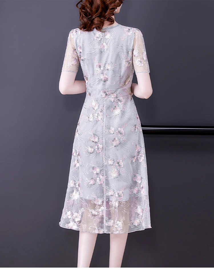 

Mesh Loose Women's Dress New Fashion Casual Short Sleeve Dresses Floral Lace O-neck Mid-length Summer Houthion