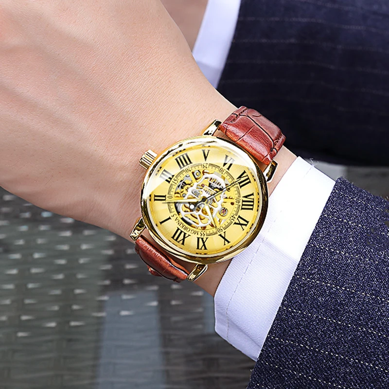 New Number Military Design Bezel Gold Men's Watches Top Brand Luxury Steampunk Clock Men Skeleton Automatic Mechanical | Наручные