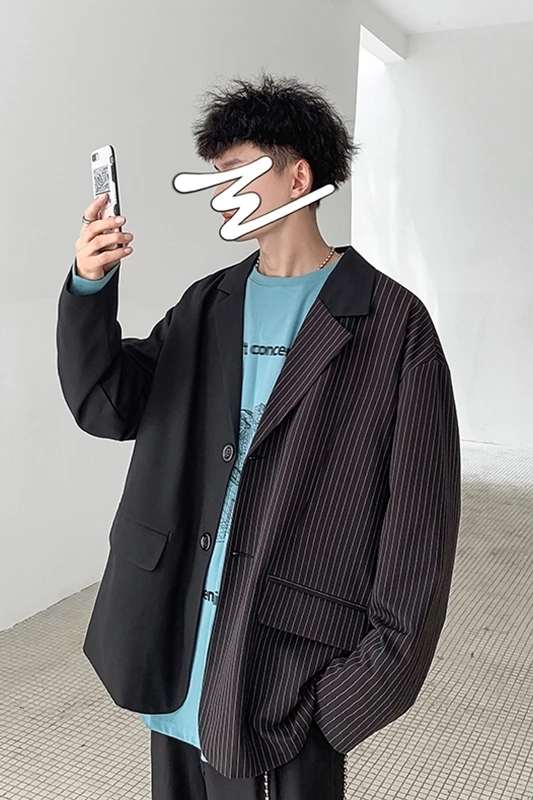 

2019 Pure Autumn New Youth Popular Male Port Wind Cotton Stitching Small Suit Loose Fashion Casual Jacket Black M-2XL
