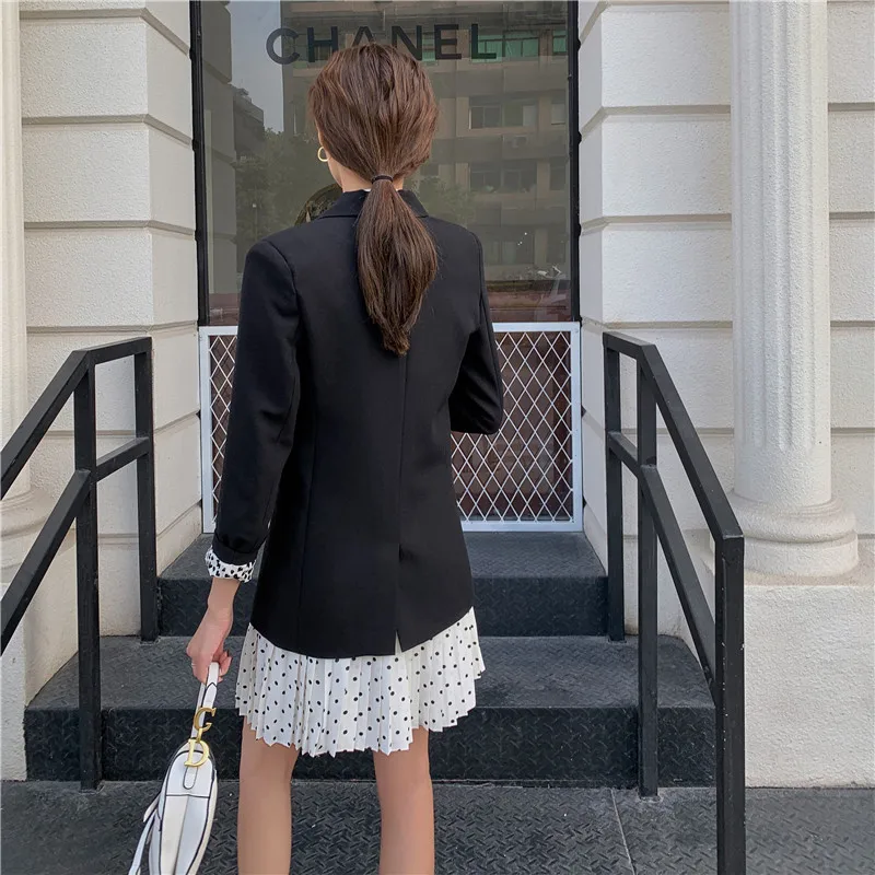 

Real shot 2020 spring new elegant woman long-sleeved office uniform jacket small suit leopard cuff patchwork slim coat