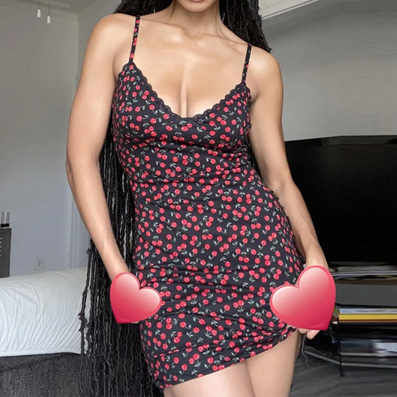 

Patckwork Lace Print Cherry Short Sundress Women Off Shoulder Summer Dress V Neck High Waist Mini Bodycon Dresses