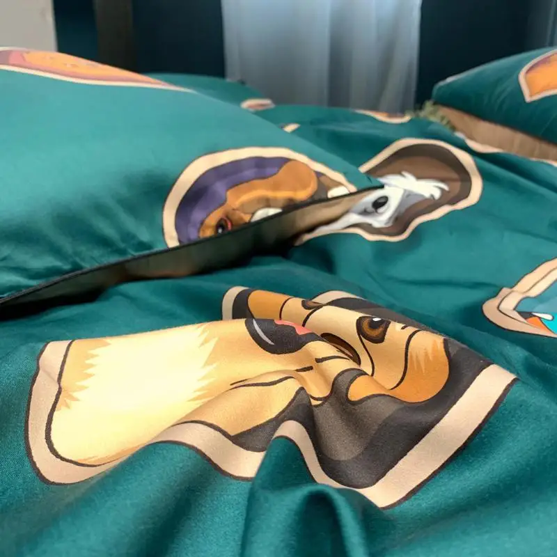 

50 Egyptian cotton Green Bedding Set Luxury Queen King size Bed sheet set Embroidery Duvet cover Dog Pattern Style