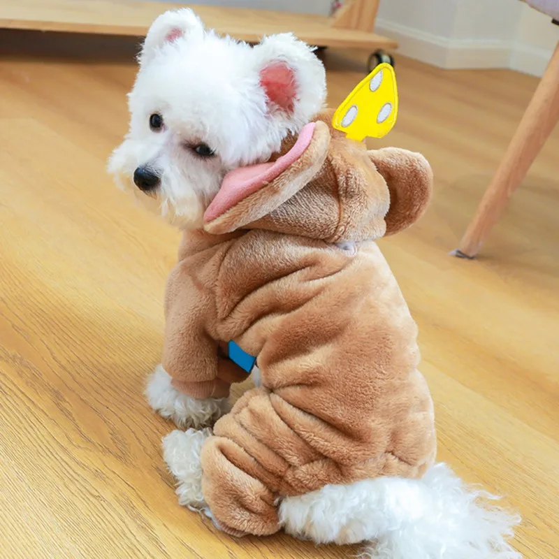 

Dog Jumpsuits Cute Hoodies Cartoon Mouse Ear Hat Clothes Rompers Winter Warm Thick Coat For Small Medium Dogs Pet Costume
