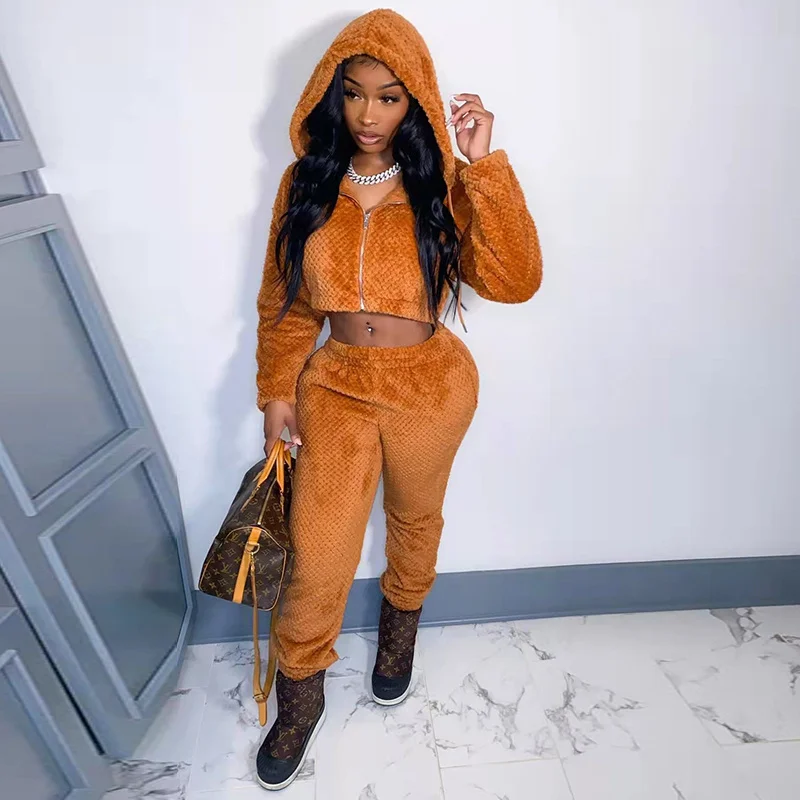 

Костюм спортивный женский из двух предметов, флисовый укороченный топ на молнии с капюшоном и длинным рукавом и брюки с эластичным поясом, н...