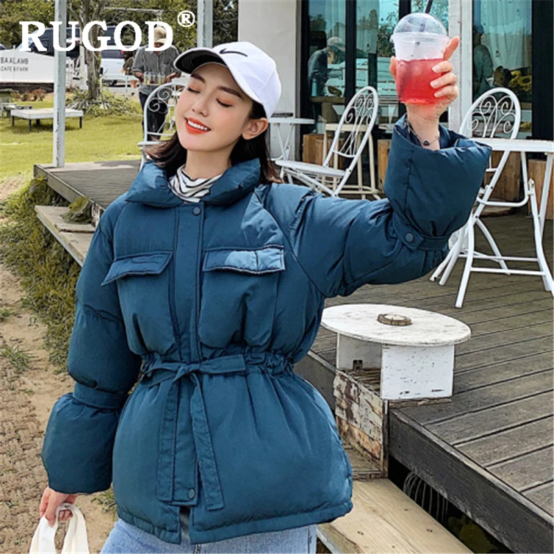 RUGOD корейское однотонное хлопковое пуховое пальто женское элегантный воротник