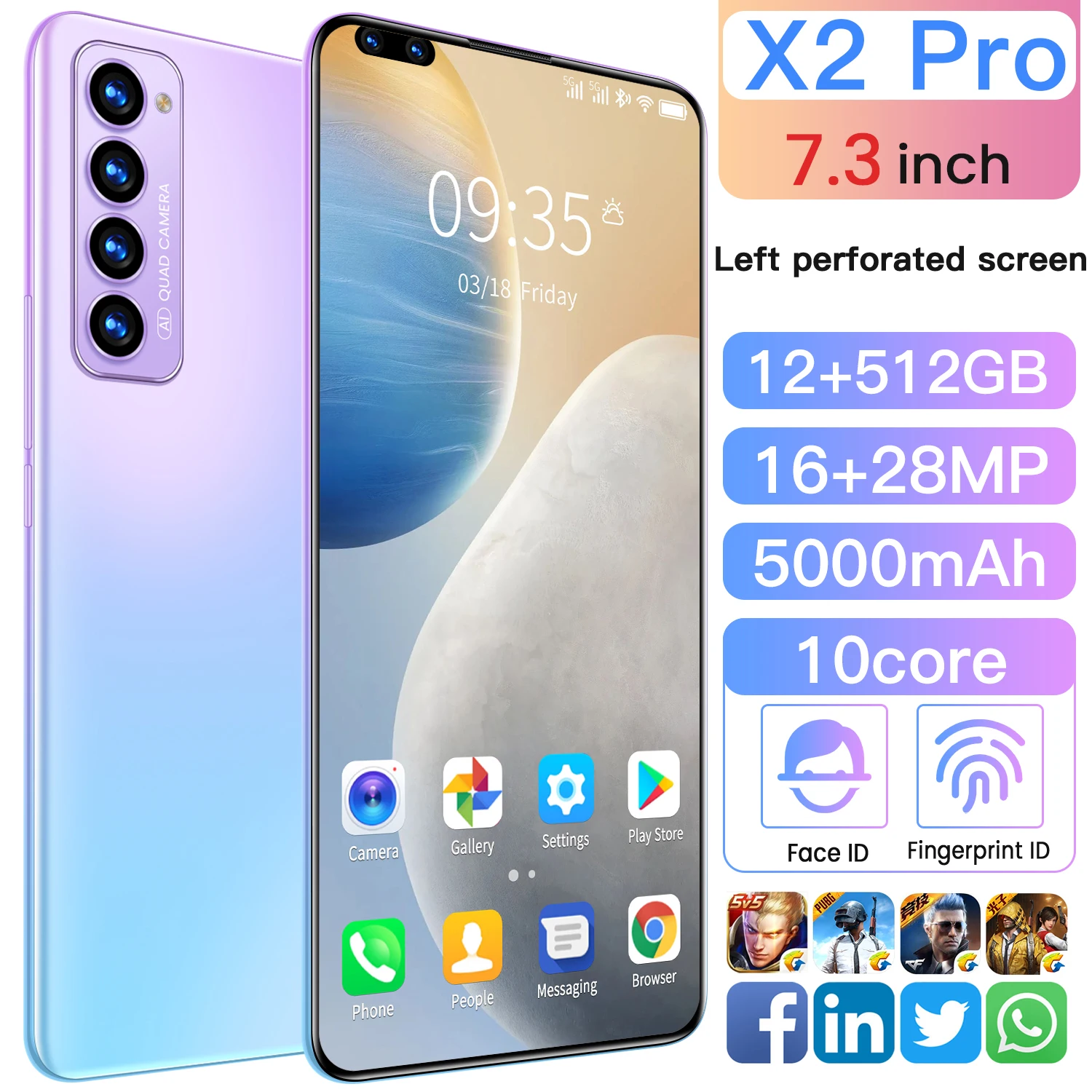 

Global Version Smartphones X2 Pro+ 7.3Inch Dual SIM Andriod10 Snapdragon888 12GB RAM 512GB ROM 16+28MP 5000mah Mobile Cell phone