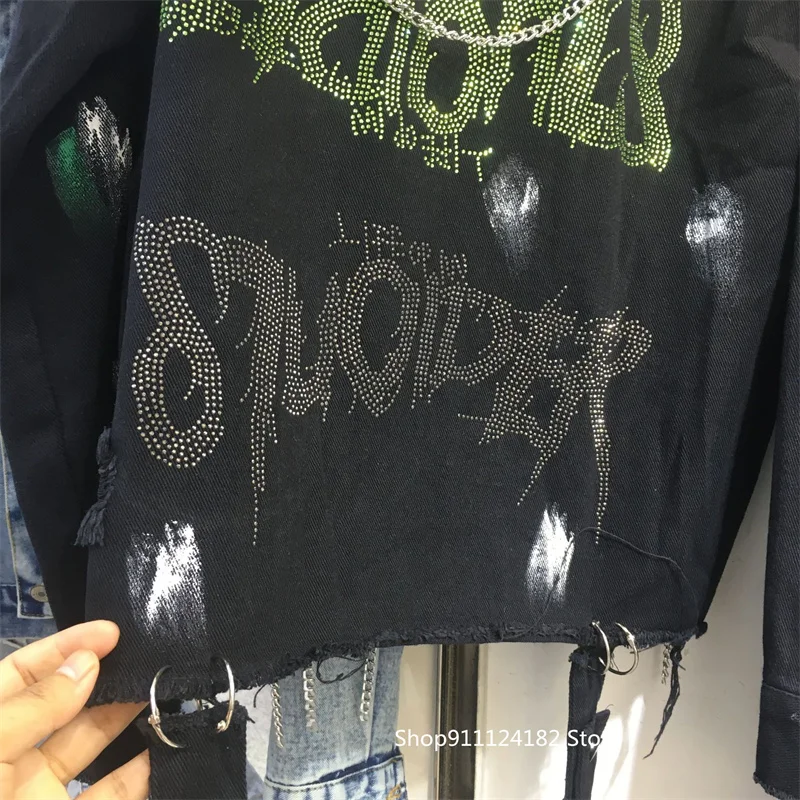 

Spring /Autumn European and American Punk Style Couples Iron Chain Denim Jacket Hip-Hop Hot Drilling Burr Hole Jacket Top Tide