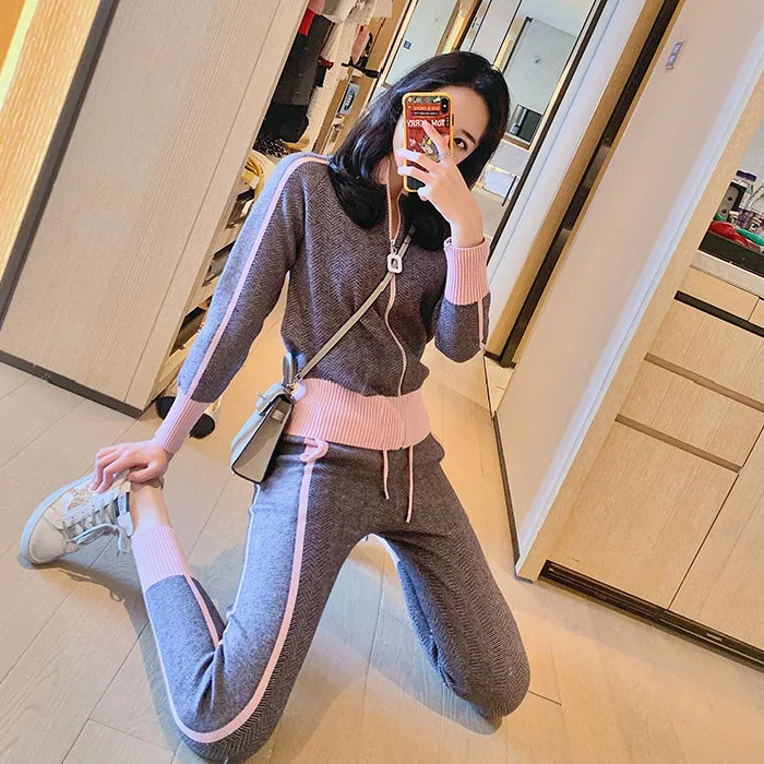 Женский комплект из двух предметов пуловер с широкими рукавами и юбка кардиган на молнии+ брюки женский зимний модный дизайн 2 шт спортивный комплект