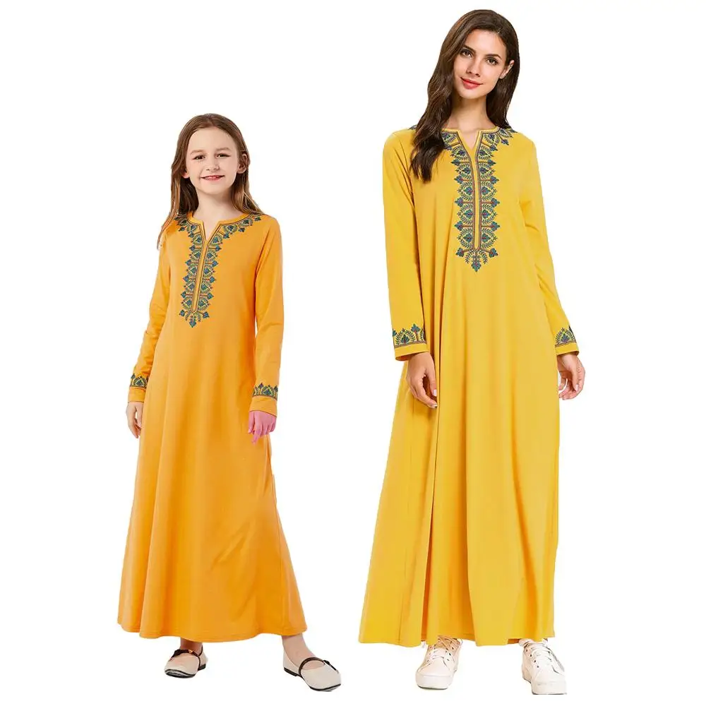 Желтое мусульманское платье для мамы и ребенка платье-Кафтан девочек вечерние