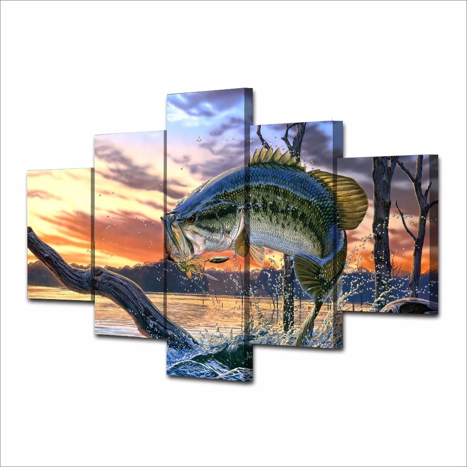 

Modular Canvas Wall Art Pictures Home Decor Living Room Modern HD Prints Poster 5 Pieces Jumping Bass Fishing Painting Framework