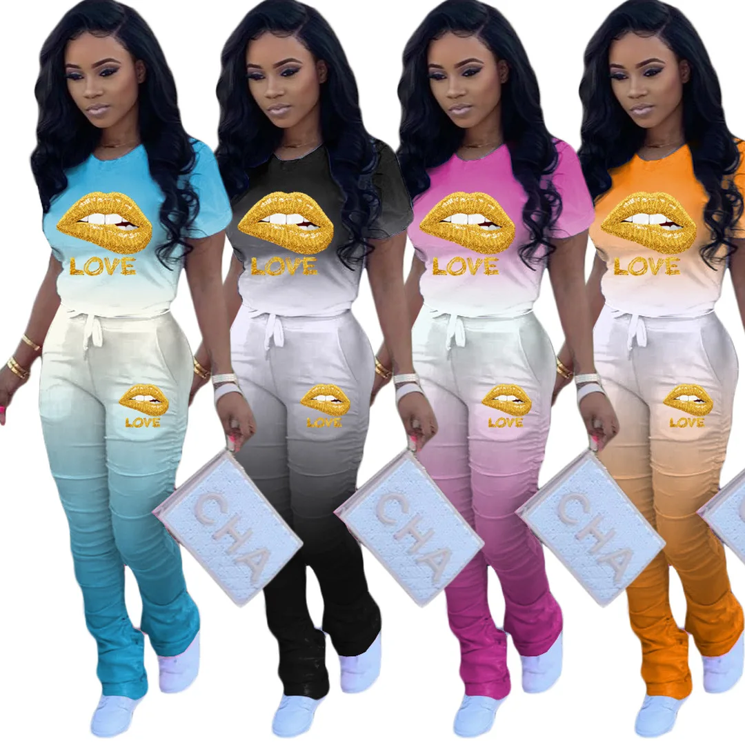 

Женский спортивный комплект YICIYA из двух предметов с градиентной футболкой с надписью Love губы топ с расклешенными штанинами с колокольчикам...