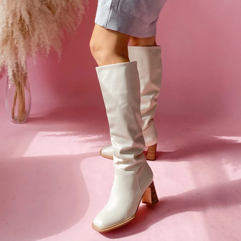 

Size 34-43 2021 INS Women Knee High Heel Boots Lady Riding Botas Warm Winter Shoes Women Sexy Square Toe Casual Footwear