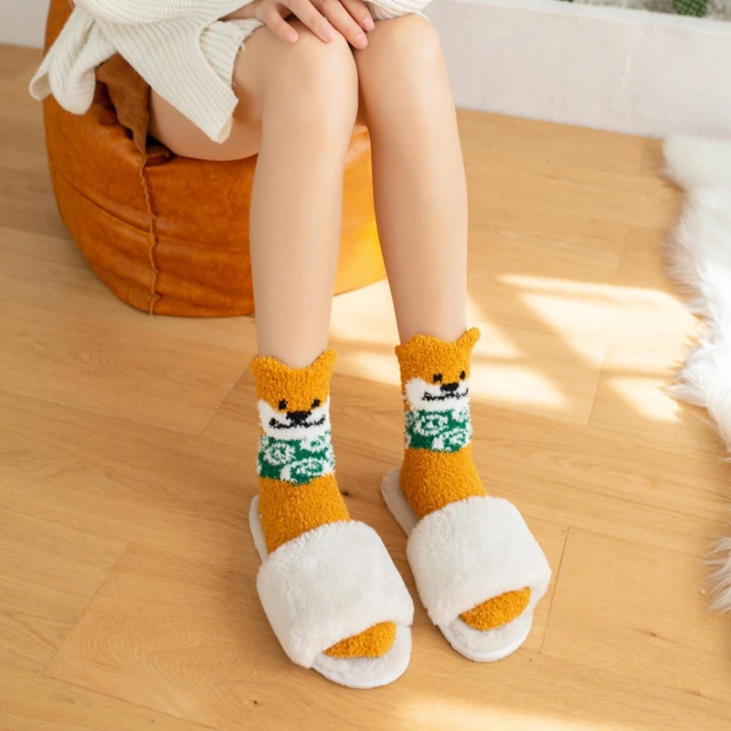 

Women Winter Microfiber Fuzzy Slipper Home Socks Cute 3D Ears Puppy Dog Pattern Kawaii Thick Cozy Warm Sleeping Hosiery M10 21
