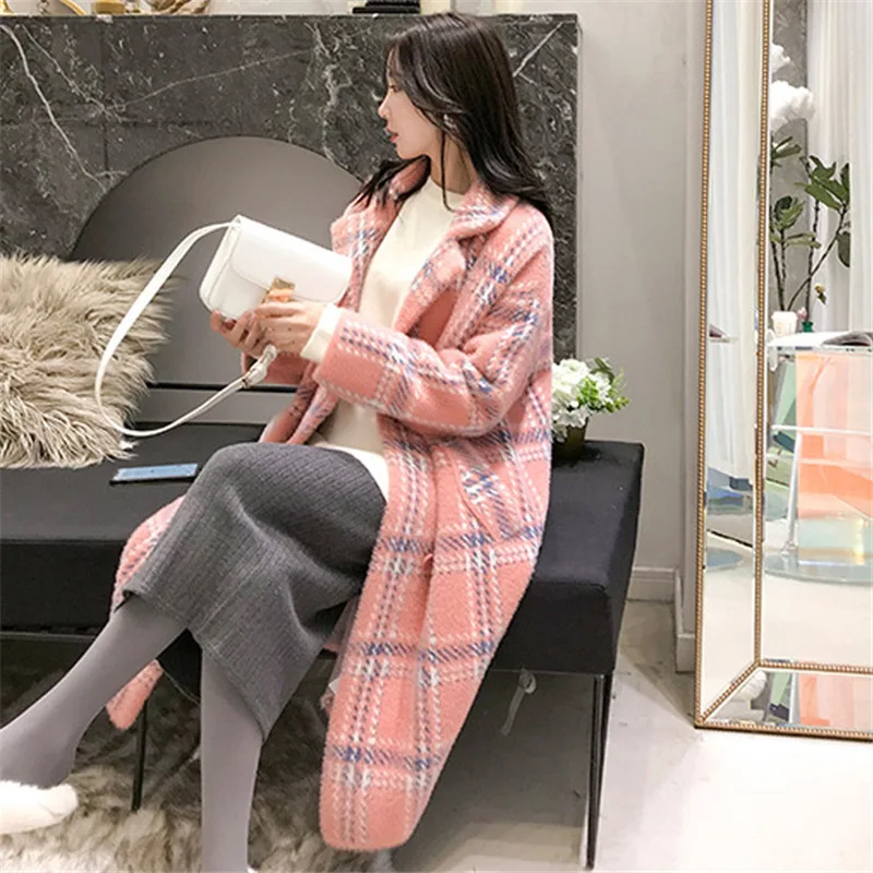

2021 autumn and winter new mid-length plaid imitation mink velvet coat loose thick woolen cardigan women's jacket