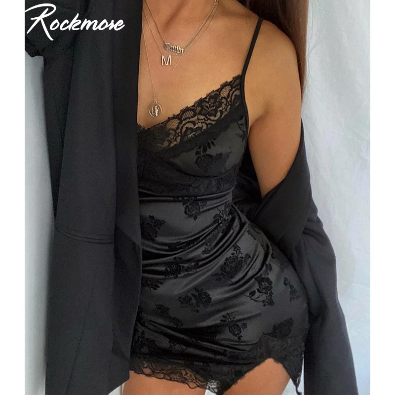 

Rockmore кружевное сексуальное мини-платье, женское атласное платье с цветочным принтом на тонких бретельках, короткое платье с разрезом по бок...