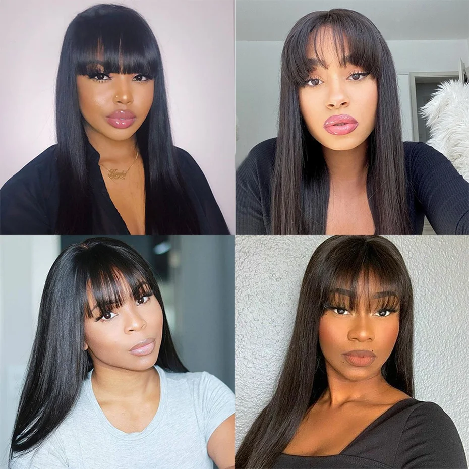 

Peruvian Human Hair Wigs With Bangs Straight Human Hair Wigs For Black Women 150% Density Guless Full Machine Made Remy Wigs