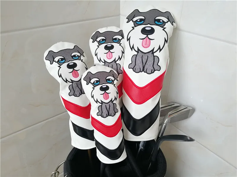 

Lovely Schnauzer Golf Woods Head Covers Cartoon Animal Drive Fairway Hybrid Rescue PU Leather Embroidery Headcovers Golf Covers