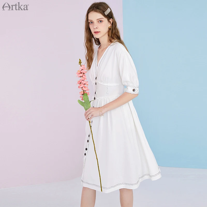 Платье ARTKA женское с V-образным вырезом элегантное французское однобортное
