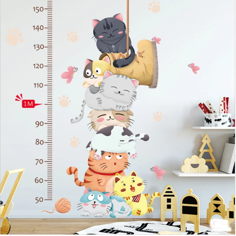 

2022 Measuring Wall Sticker Cartoon Cat Animals Ruler Stickers For Kids Rooms Kindergarten Height Chart Nursery Home Decor