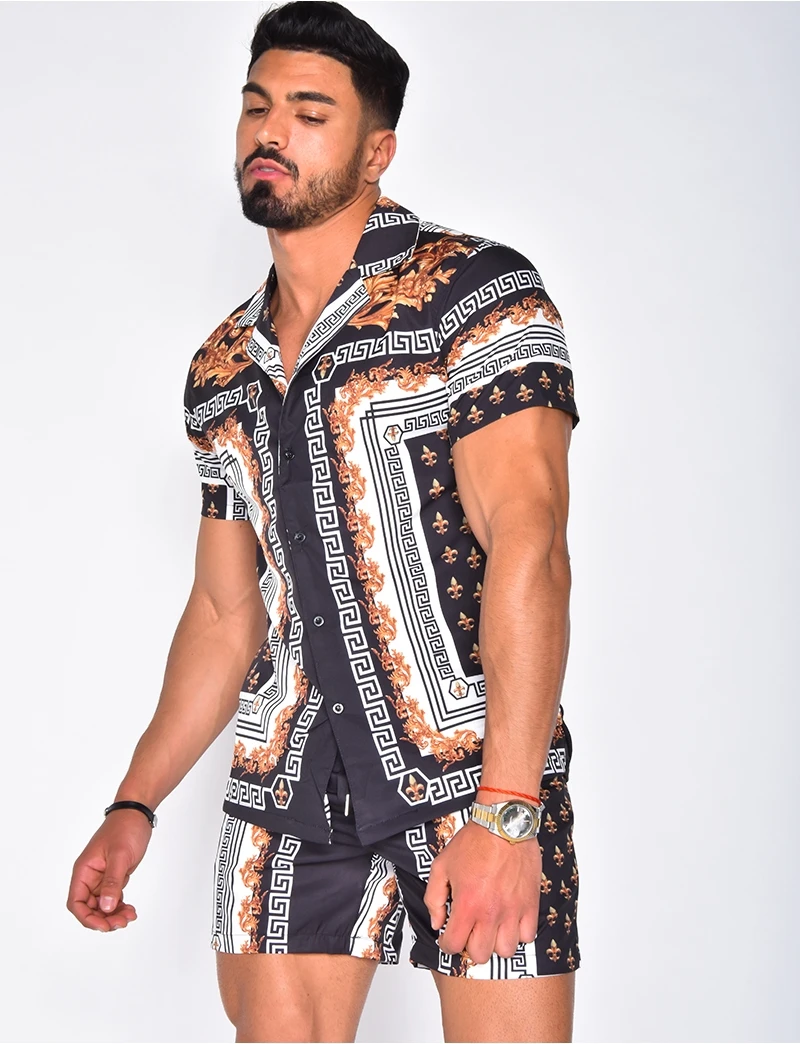 

New Hawaiian Printing Shirt Sets Men Summer National Style Short Sleeve Set Casual Grid Floral Shirt Beach 2 Pieces Suit