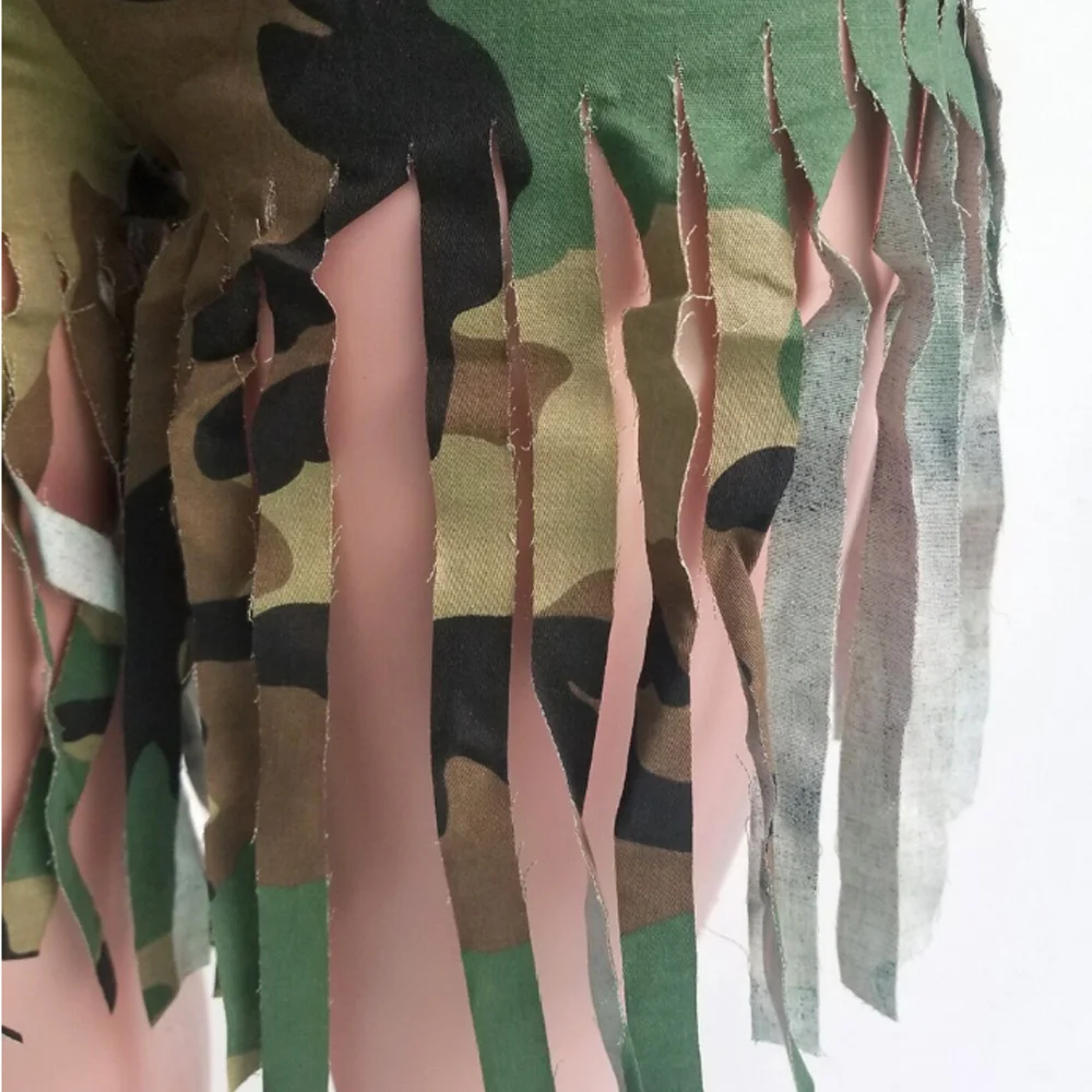 

Lady Women Tassel Camouflage Zipple Fly High Waist Package Hip Pants Trousers Lady Knee Length Skinny Camouflage Pants