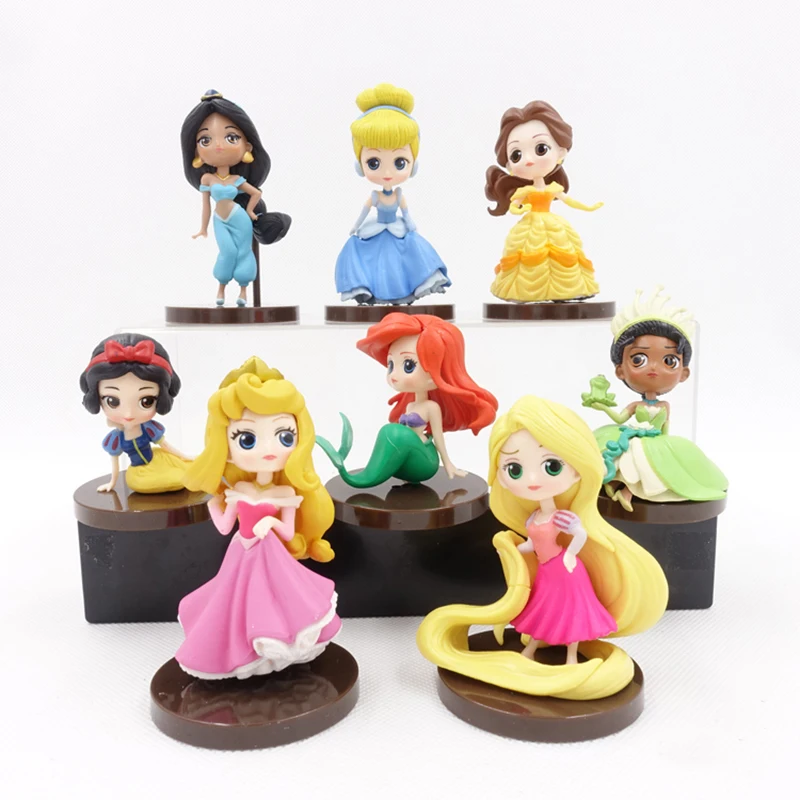 

8pcs/sets Q Posket Princesses figure Toys Dolls Tiana Snow White Rapunzel Ariel Cinderella Belle Mermaid PVC Figures toys model