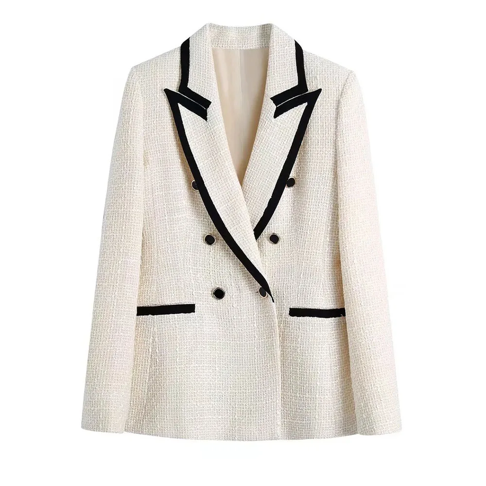 

2021 Za New Women Fashion Double Breasted Tweed Blazer Coat Vintage Long Sleeve Pockets Female Outerwear Chic Jacket