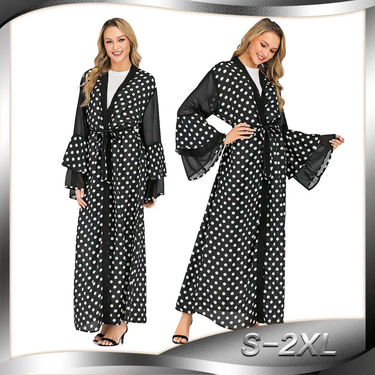 

Donsignet Muslim Dress Muslim Fashion Dot Print Cardigan Robe Muslim Long Dresses Belt Middle East Eid Duabi Abaya Turkey Robes