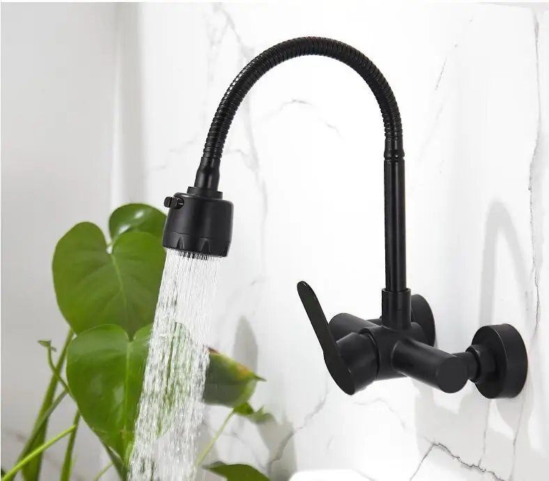 Stainless steel Wall Mounted Kitchen Faucet Kitchen Mixers Kitchen Sink Tap 360 Degree Swivel Flexible Hose Double Holes