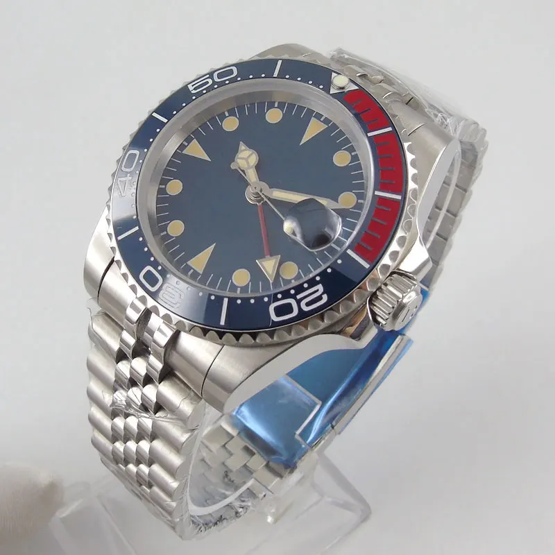 

Sapphire Crystal 40mm Blue Dial Blue Red Ceramic Bezel GMT Function Stainless Band Automatic Movement Men's Watch