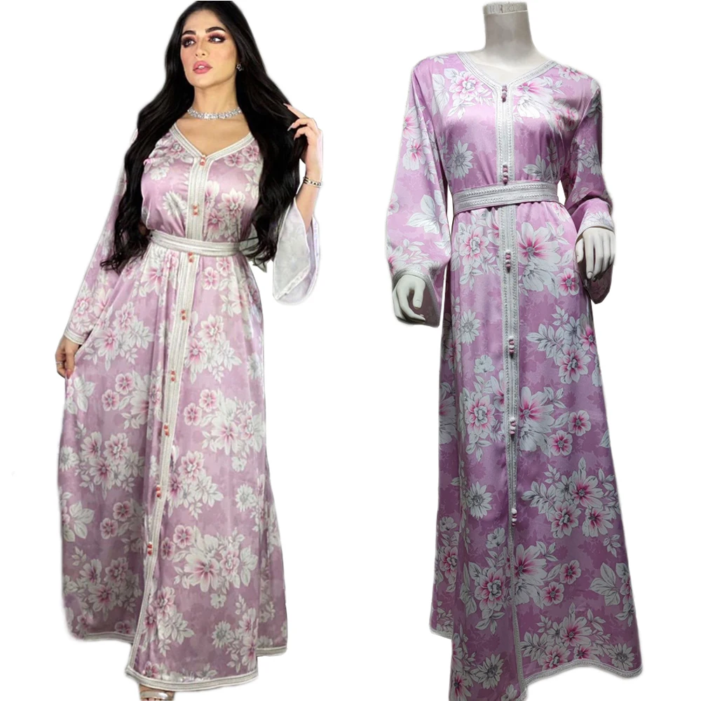 Мусульманское женское длинное платье в малайзийском стиле, повседневный турецкий кафтан абайя, Арабский Кафтан с V-образным вырезом и цвето...