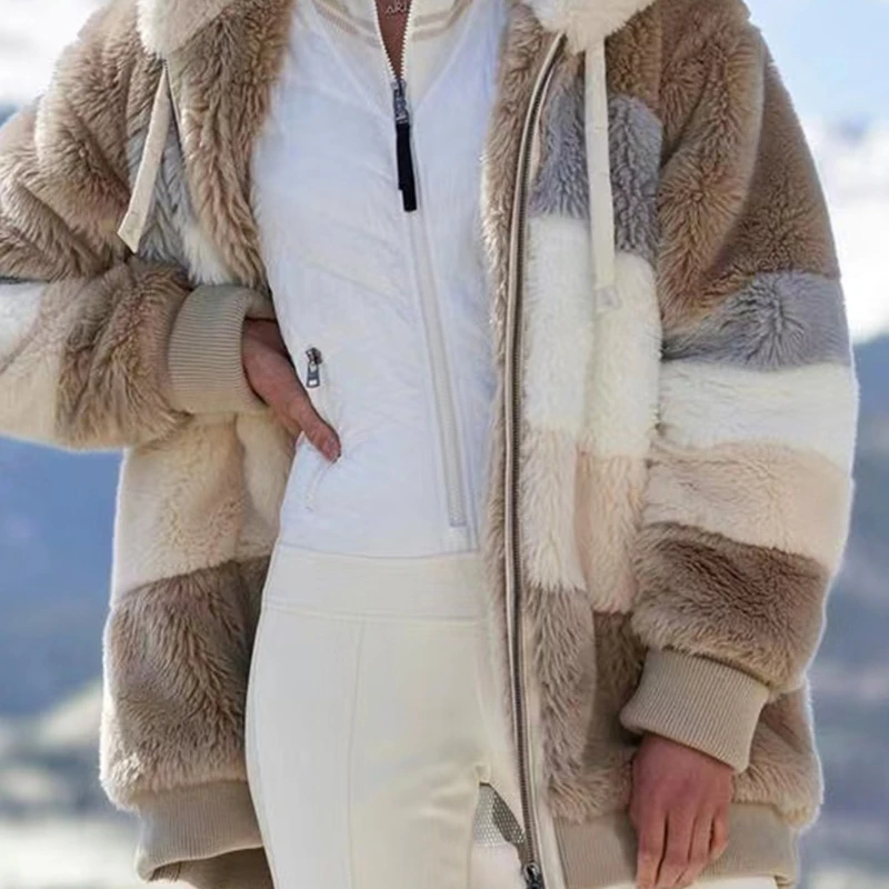 

Women Winter Thicken Fuzzy Plush Warm Hoodie Jacket Long Sleeve Shaggy Oversized Loose Coat Color Block Striped Zip Up Outerwear