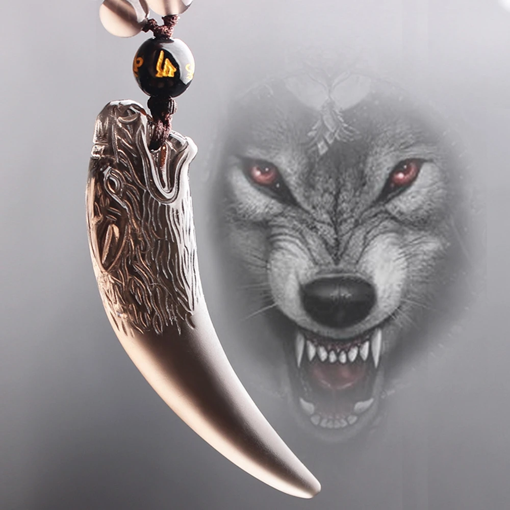 Ожерелье из натурального обсидиана с волчьими зубьями подвеска ручной работы 3D