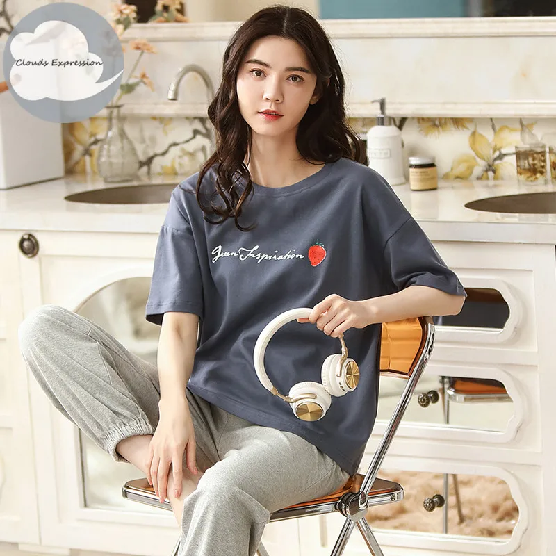 Летняя брендовая футболка с короткими рукавами вязаное хлопковое женские пижамы