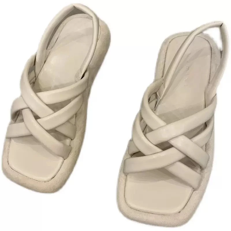 

Bailamos Women Sandals Retro Flat Shoes Med All-Match Square Toe Buckle Strap 2021 Summer Clogs With Heel Beach Sandals