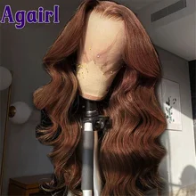 Agairl-Peluca de cabello humano ondulado de 13x4, Frontal de encaje postizo, pelo brasileño Remy predespuntado, color rojo, marrón, jengibre