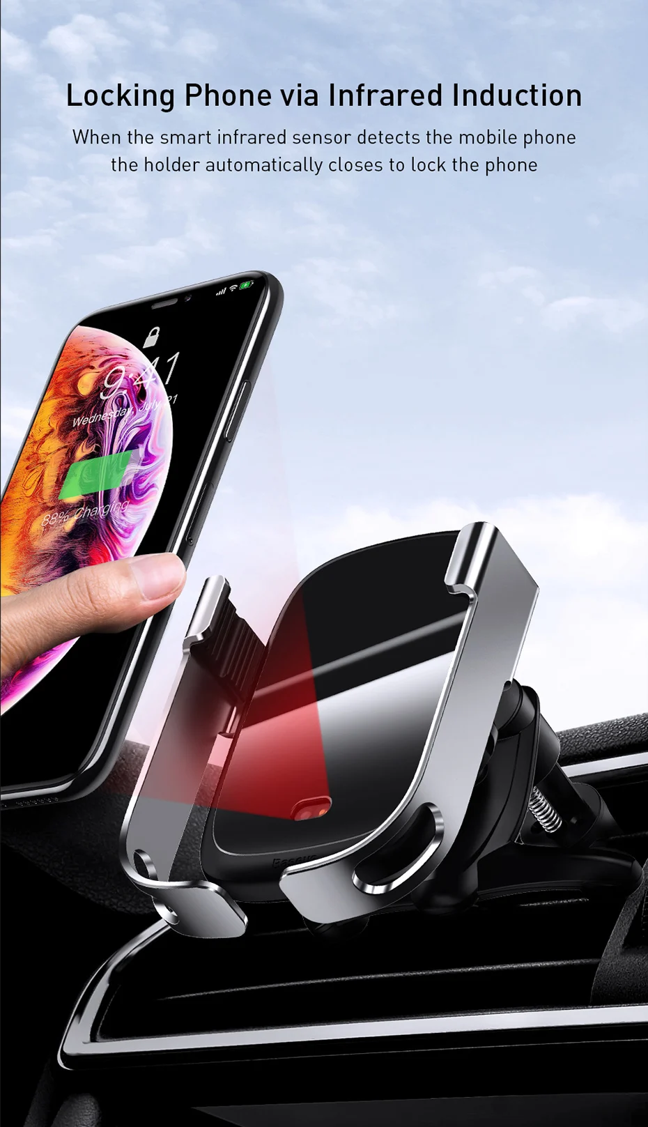 Baseus 10 Вт автомобильное qi Беспроводное зарядное устройство для iPhone X samsung S10 S9 S8 автомобильное беспроводное зарядное устройство интеллектуальное инфракрасное автомобильное крепление