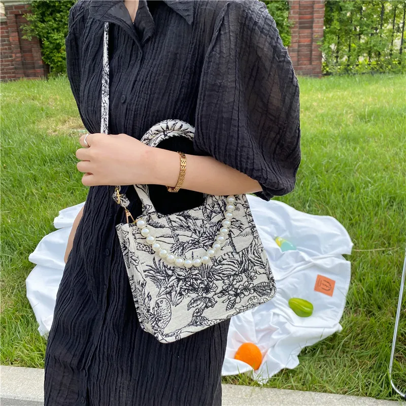 

Luxury Designer Handbag Purses for Women Shopper Jacquard Embroidery Beach Lady Shoulder Pearl Tote Bag Crossbody Bag 5 PCS/SET