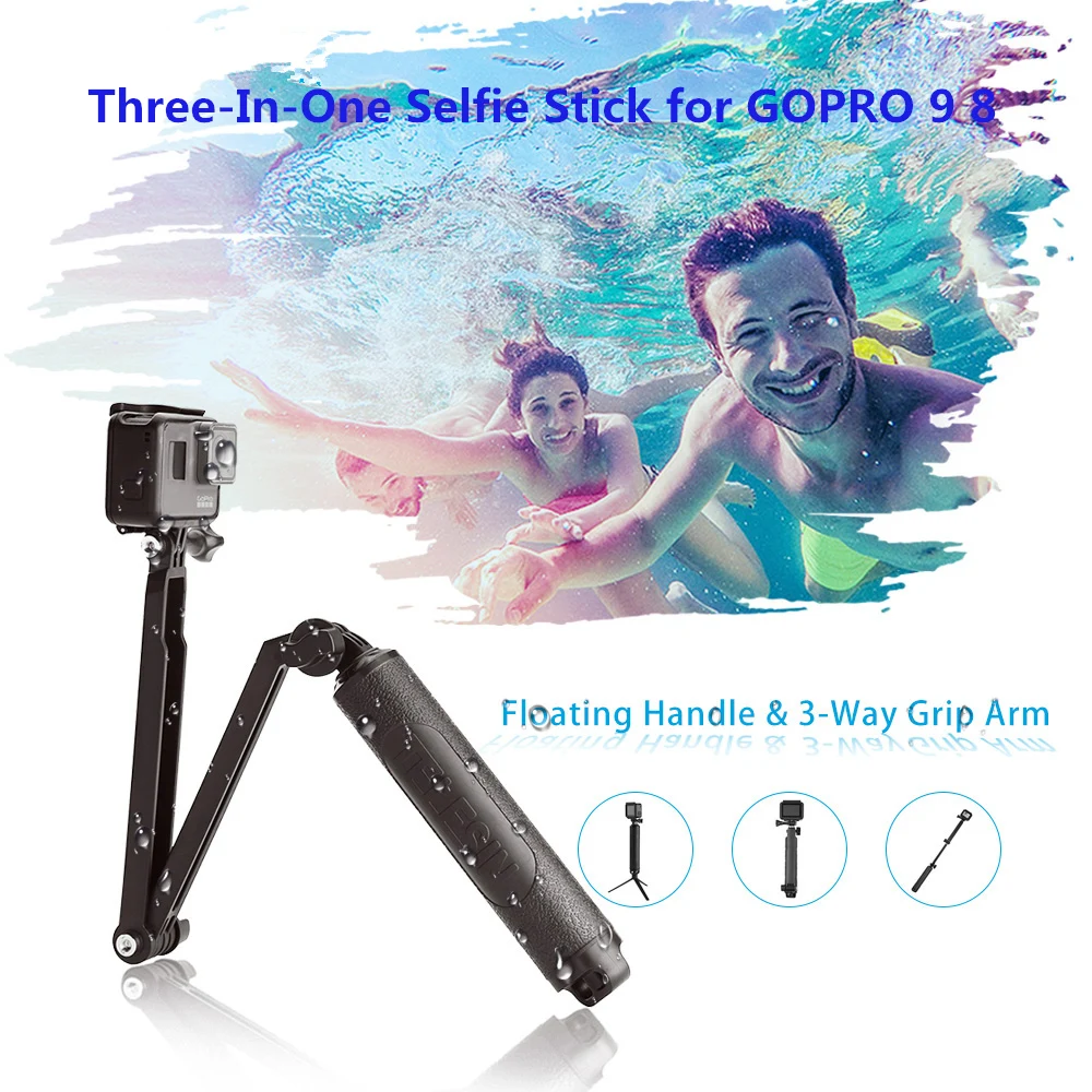 

TELESIN 3-Way Grip Arm Monopod Pole Tripod+Waterproof Selfie Stick Floating Hand Grip for GoPro 10 9 8 7 Selfie Stick Tripod