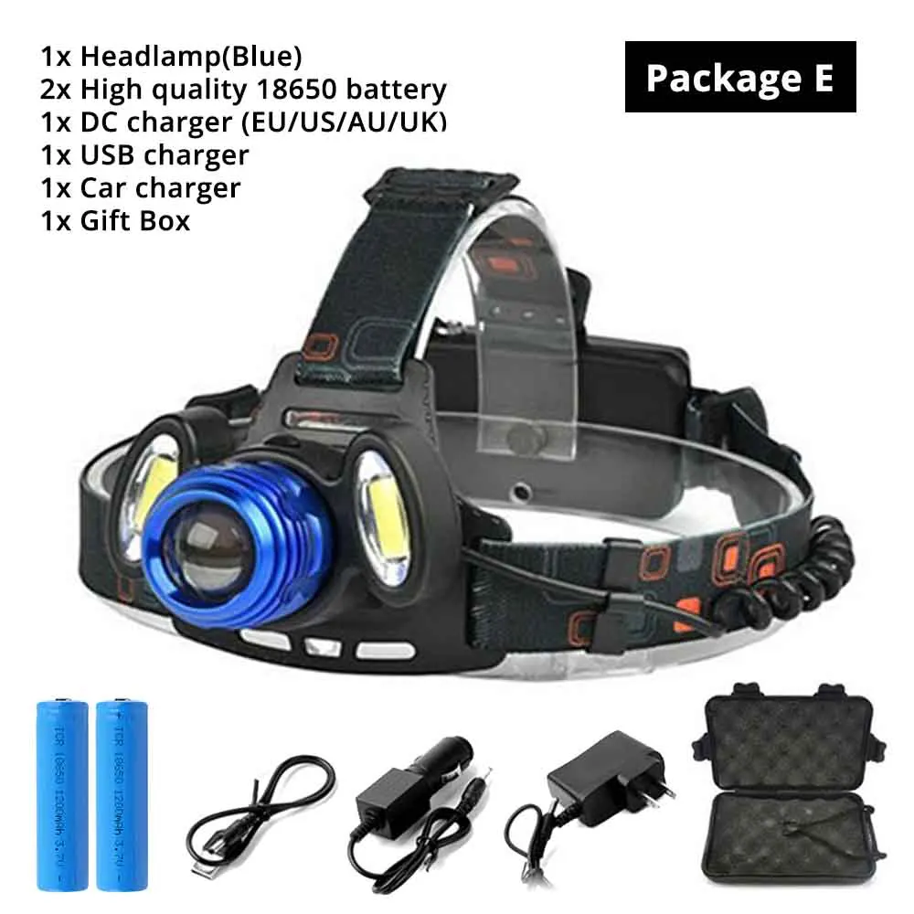 PackageE(blue) Супер яркий светодиодный налобный фонарь T6+ COB светодиодный налобный фонарь 4 режима освещения масштабируемый для рыбалки, ночной езды, кемпинга, приключений и т. д - Испускаемый цвет: PackageE(blue)