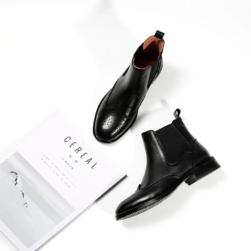 

Royesic Genuine Leather Chelsea short boots women's flat ankle boots single boots thick bottom British style Martin boots