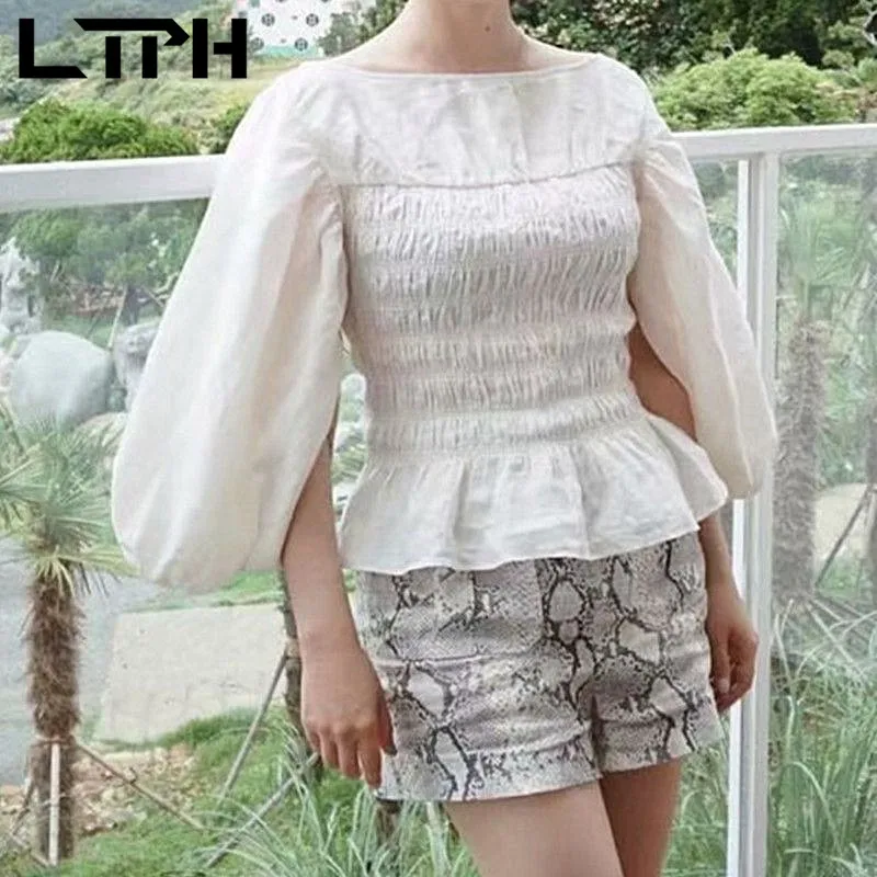 

LTPH vintage ruffles women blouse elastic high waist solid color slim Slash neck split lantern sleeve white tops 2021 autumn new