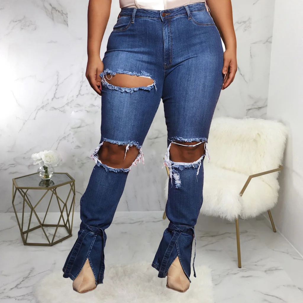 

Y2K Flared Trousers Super Stretch Jeans Slim-fit Trousers Plus Size Ripped Jeans Trousers Strappy Jeans Beautiful Ladies' Jeans