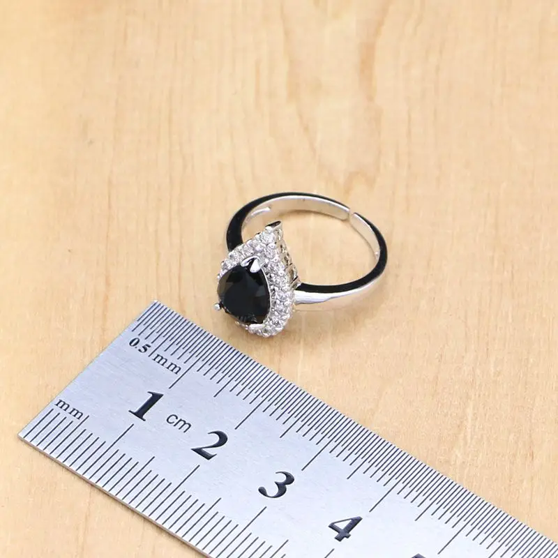 925 Silver Jewelry Black Stone White CZ Sets For Women Party Earrings Pendant Open Rings Bracelet Necklace Set | Украшения и