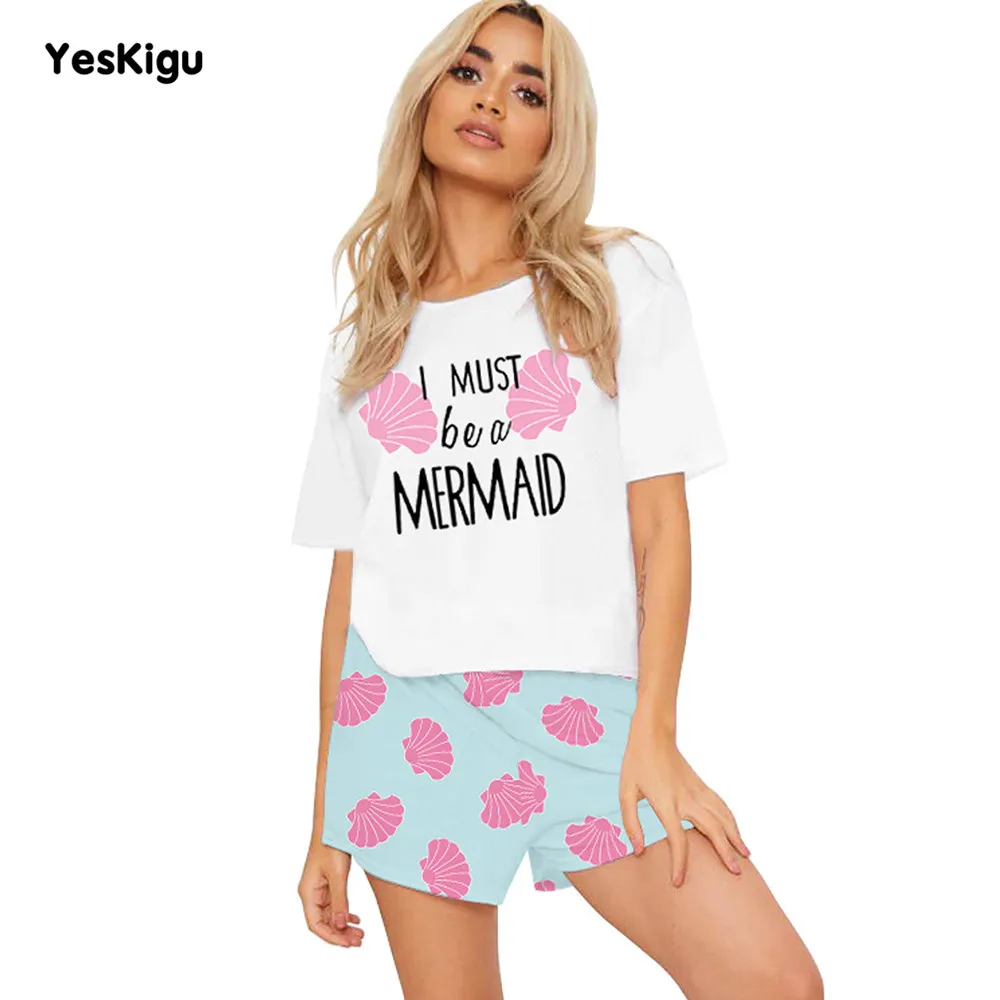 Пижама женская атласная из топа с коротким рукавом и 3D-принтом | Женская одежда