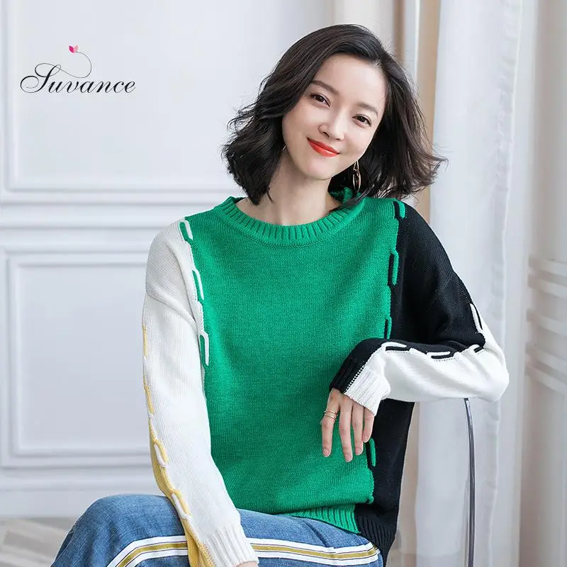 Fashion Autumn Winter Women Knitted O Neck 2 Patchwork Sweater Office Lady Loose Size S-xl Pullover Jl-aym1938 | Женская одежда