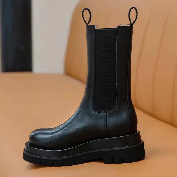 

MLJUESE 2021 women soft ankle boots cow leather slip on boots winter short plush round toe high heels women boots