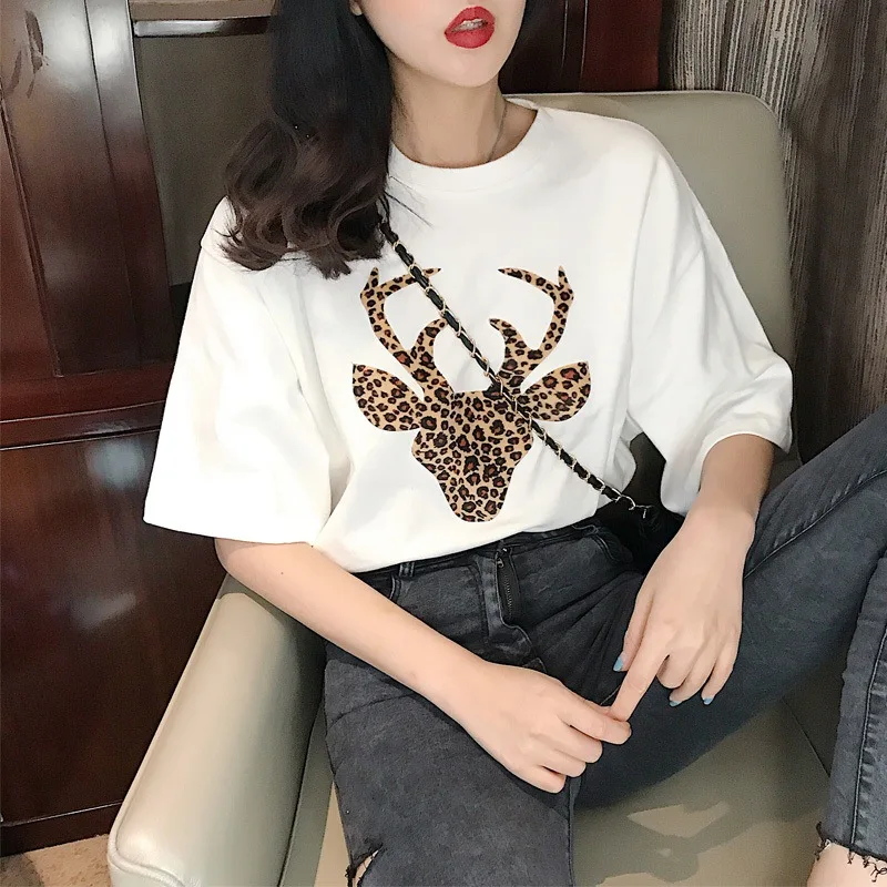 Женская футболка с леопардовым принтом и короткими рукавами|Футболки| |