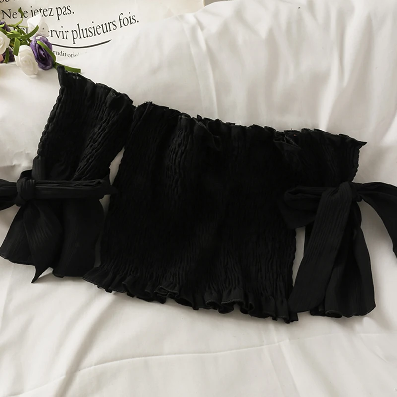 Sexy Crop Tops T Shirts Summer Folds Tees Tops Female Slash Neck Short Sleeves Pullover Women Clothes Bow Splice Shirt Women