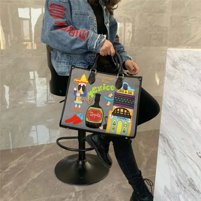 Women Bags Canvas Patchwork Embroidery Purse Shoulder Bags Handbag Tote Braccialini Style Handmade Art Cartoon Mexican Souvenirs